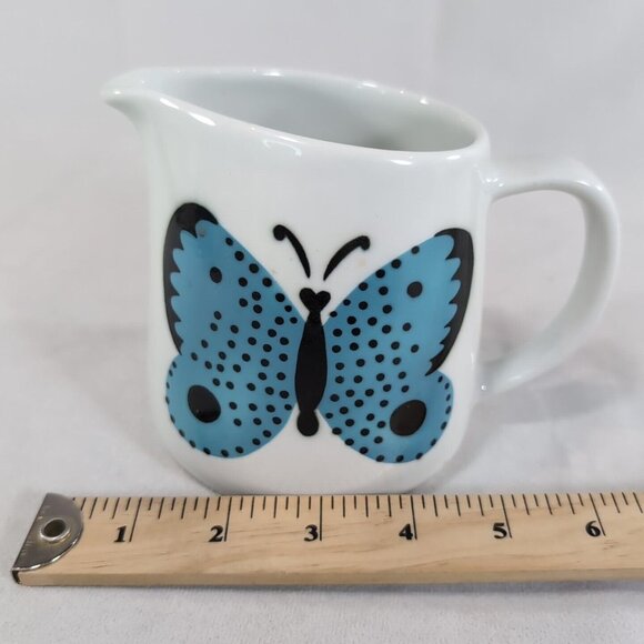 Arabia Made in Finland Butterfly Pitcher Creamer Jug Sport Blue White MCM READ - Picture 10 of 11